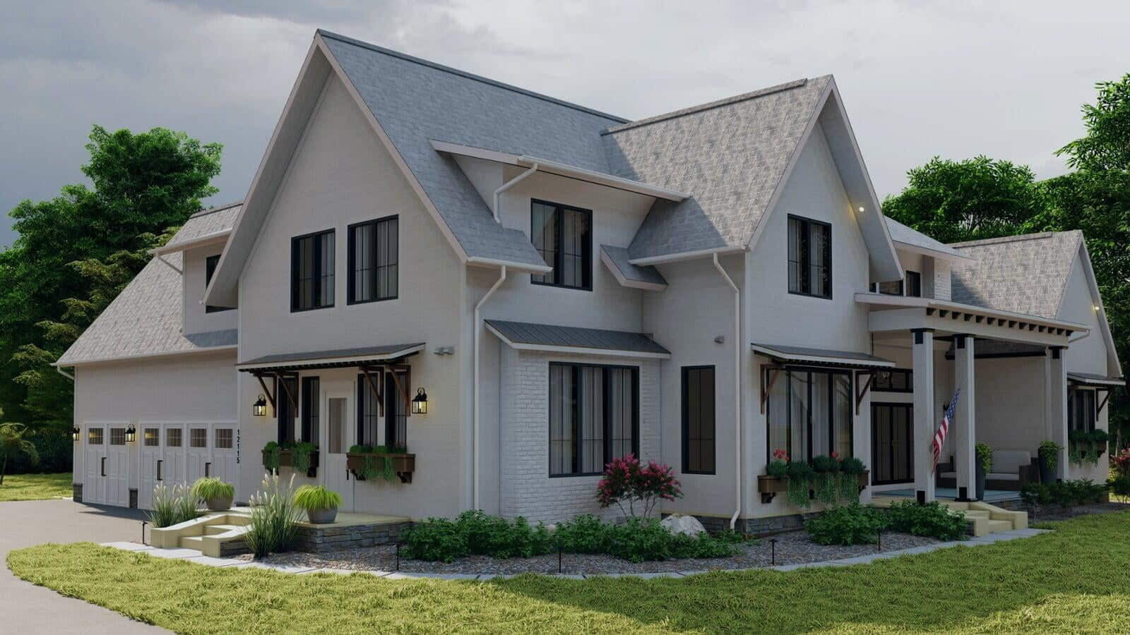 Three-quarter exterior view of Franklin Lakes modern farmhouse showing garage and entry