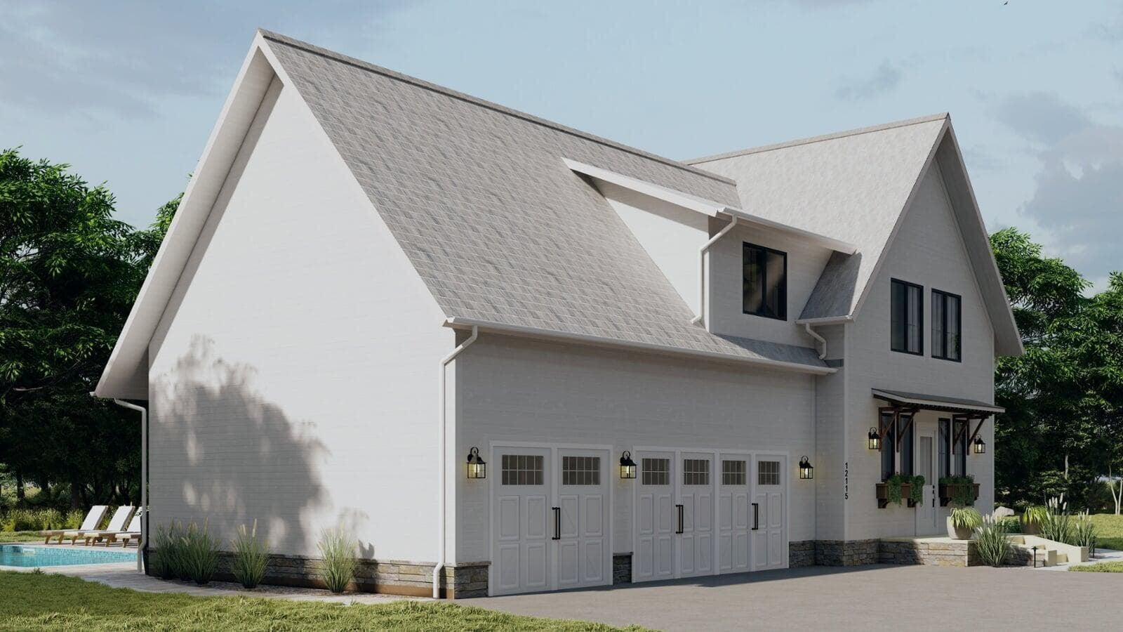Side garage perspective of white modern farmhouse architectural visualization