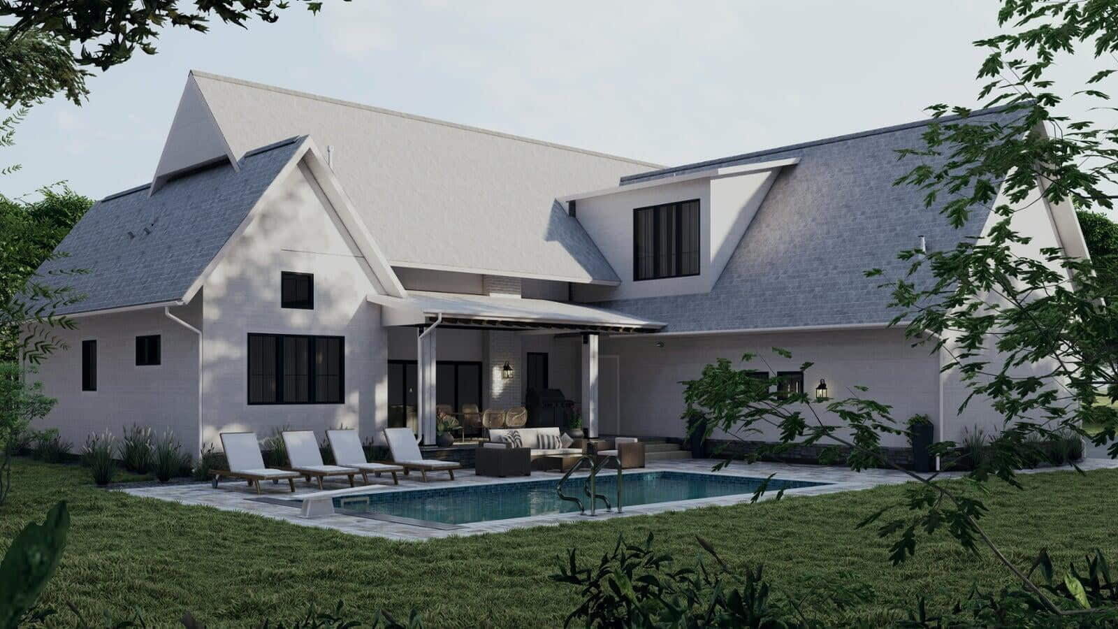 Modern farmhouse backyard pool and covered patio visualization Franklin Lakes New Jersey