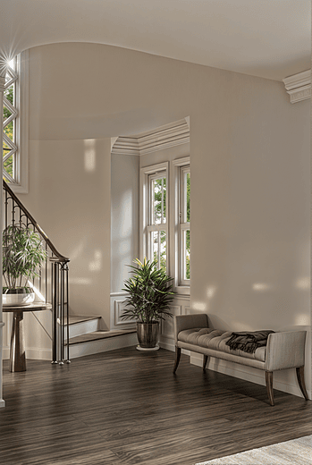 Sunlit Serenity A 3D Rendered Staircase Nook Blending Elegance and Simplicity