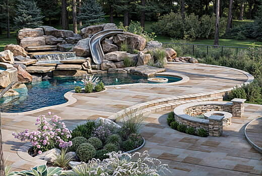 Outdoor Elegance Fireplace Pavilion by the Pool in Short Hills