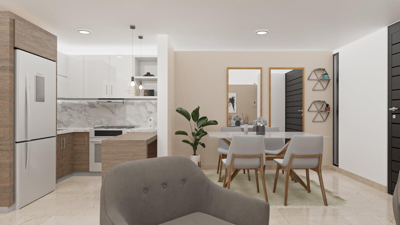 Elegante Cocina y Comedor de Concepto Abierto