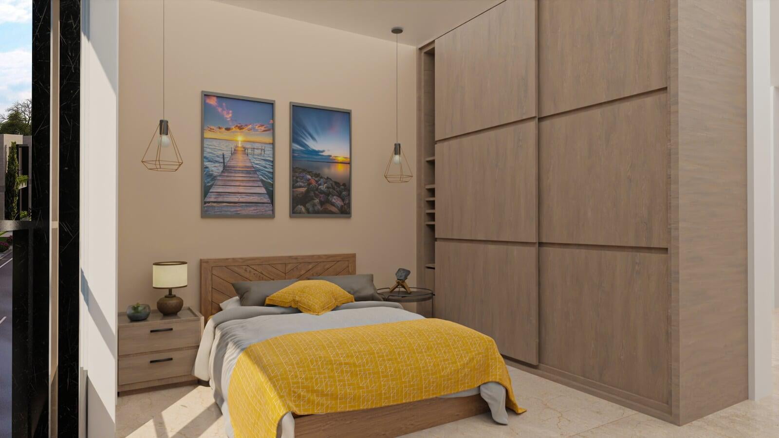 Dormitorio Acogedor con Decoración en Tonos Amarillos