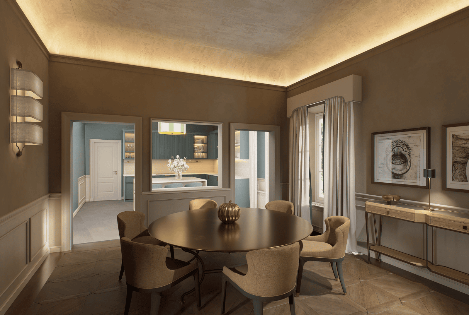 Dining and kitchen interior visualization Palazzo Vivarelli Colonna Florence Italy