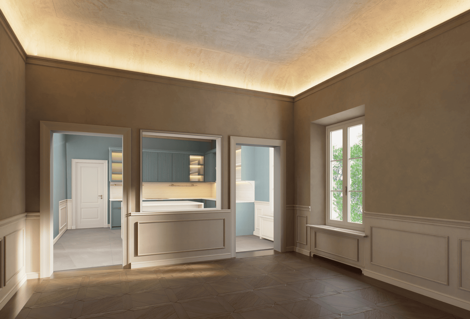 Palazzo Vivarelli Colonna dining kitchen architectural rendering Florence