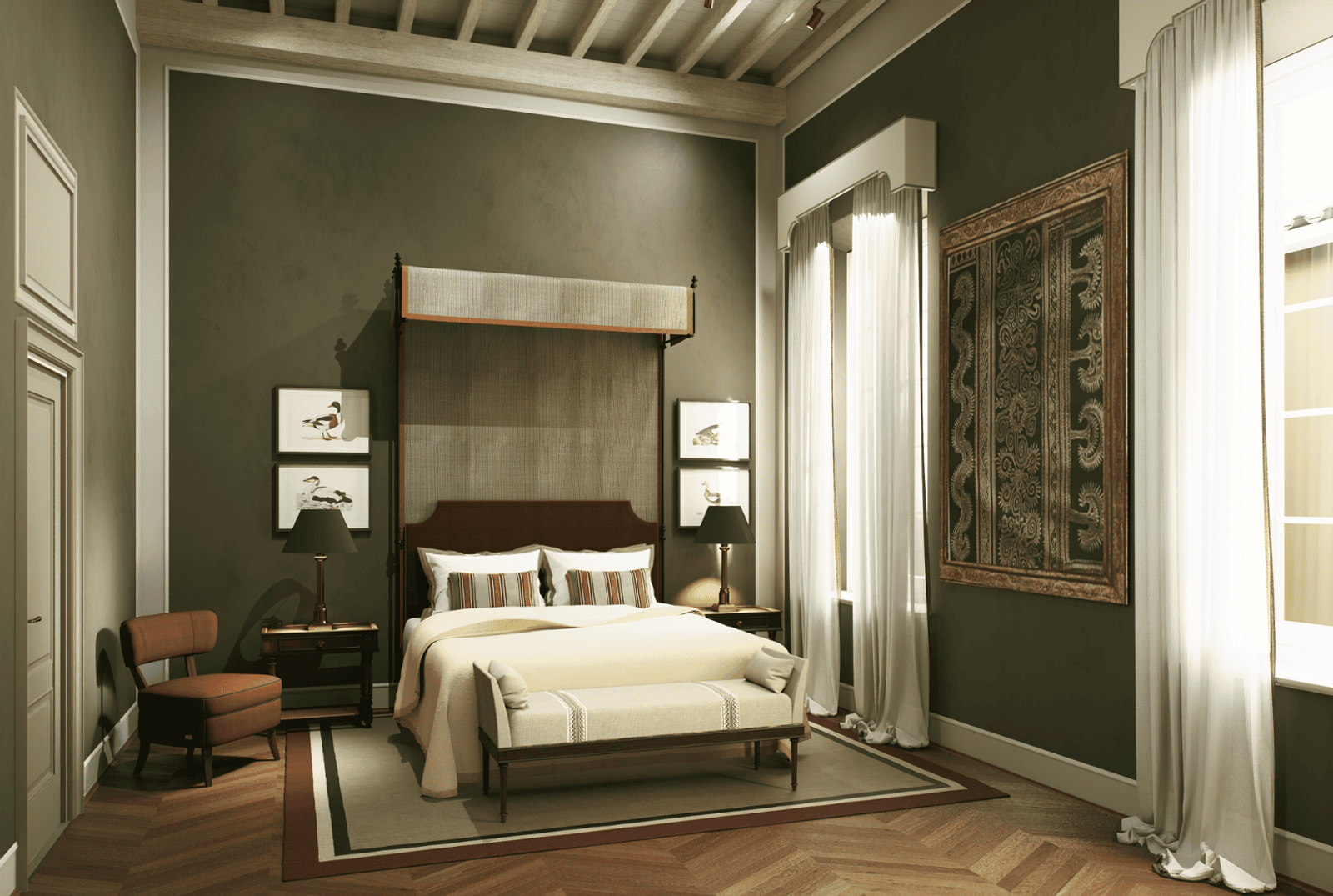 Interior bedroom visualization Palazzo Vivarelli Colonna Florence Italy