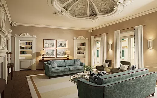 Photorealistic interior rendering of a classic renovated living space in Florence, Italy (4K).