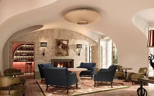 Photorealistic interior rendering of a boutique hotel lounge in Italy (4K).