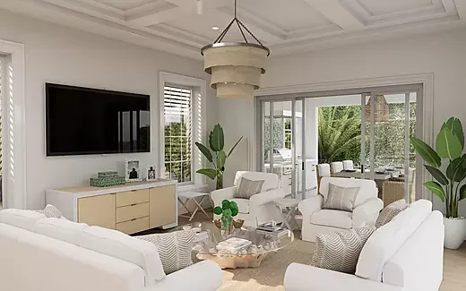 Photorealistic interior rendering of a coastal-style living space in Naples, Florida (4K).