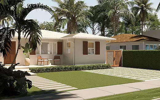 Photorealistic exterior rendering of a contemporary home in Austin, Texas (4K).