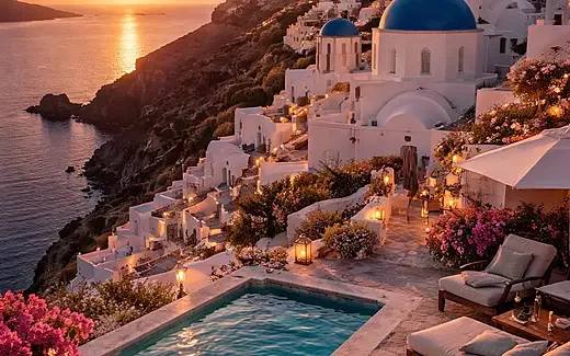 Cinematic sunset still in Santorini, Greece, photorealistic 3D rendering (4K).