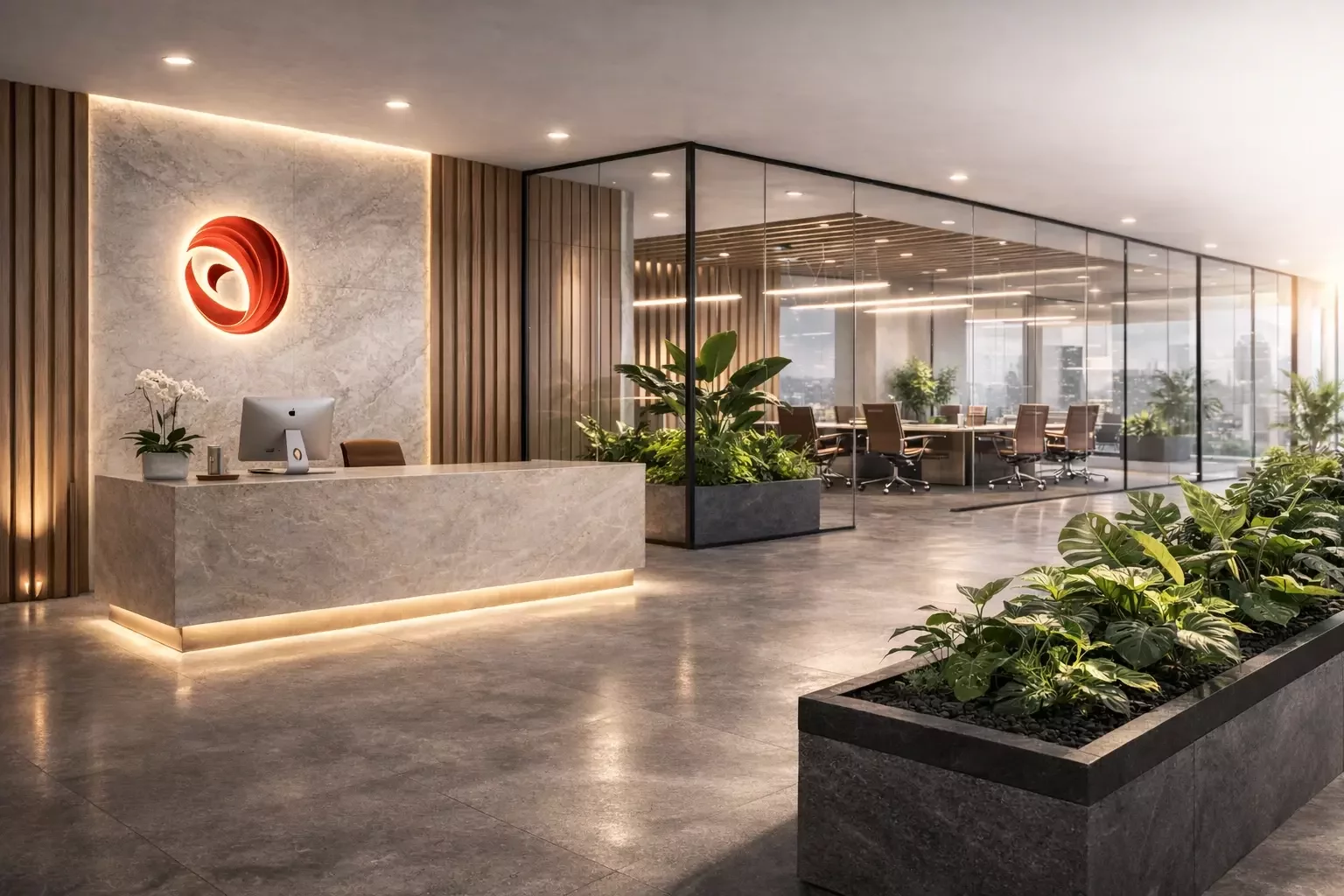 Architectural Phoenix Team S.A.S studio hero image showcasing a modern reception and office environment.