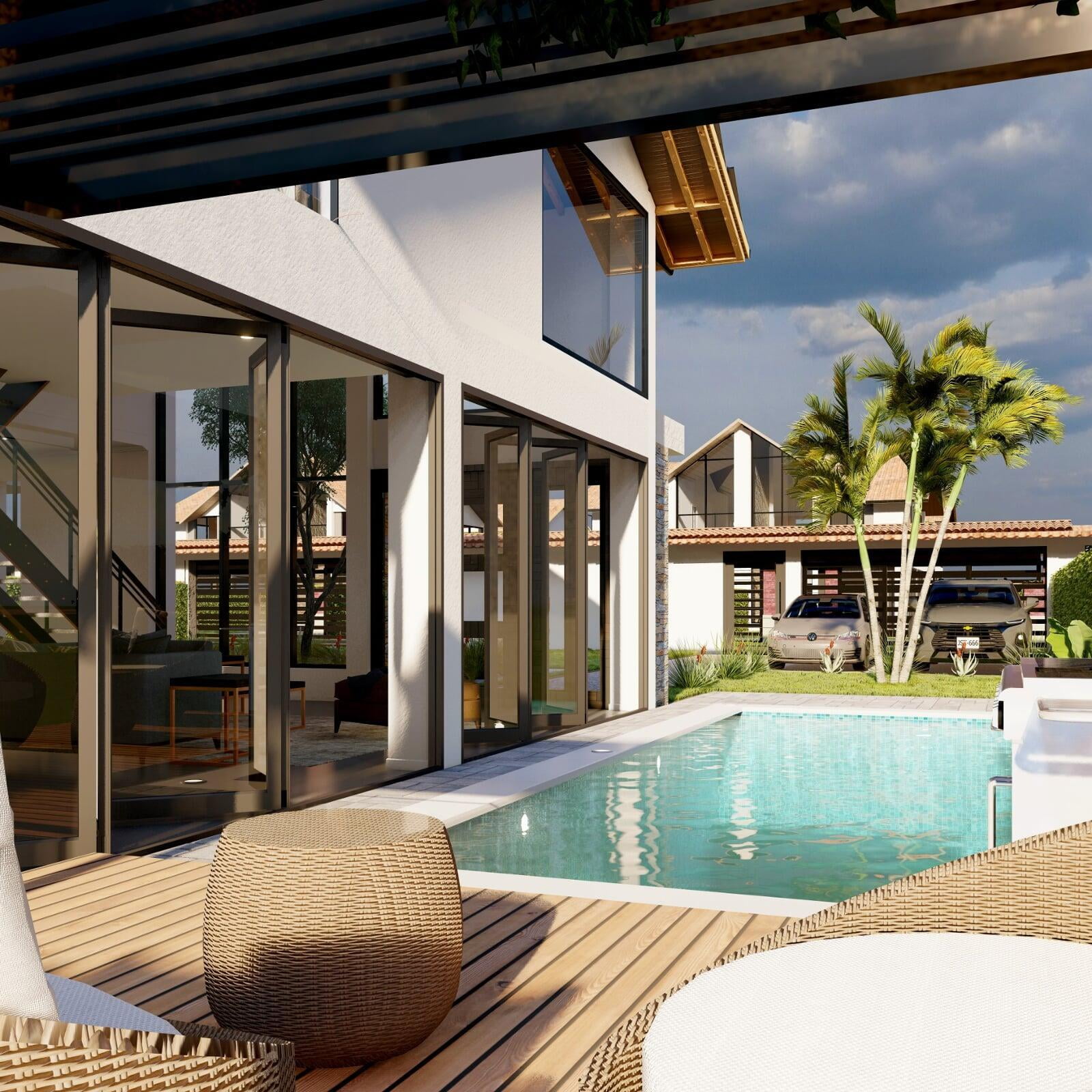 High-quality 3D architectural rendering of a luxurious backyard with a swimming pool. The setting features a modern house with extensive glass doors and windows, revealing a glimpse of the stylish interior. The pool area is complemented by wooden decking and a woven round pouf, with lush palm trees enhancing the tropical ambiance. In the background, a garage with two cars parked under a shelter adds to the residential feel.