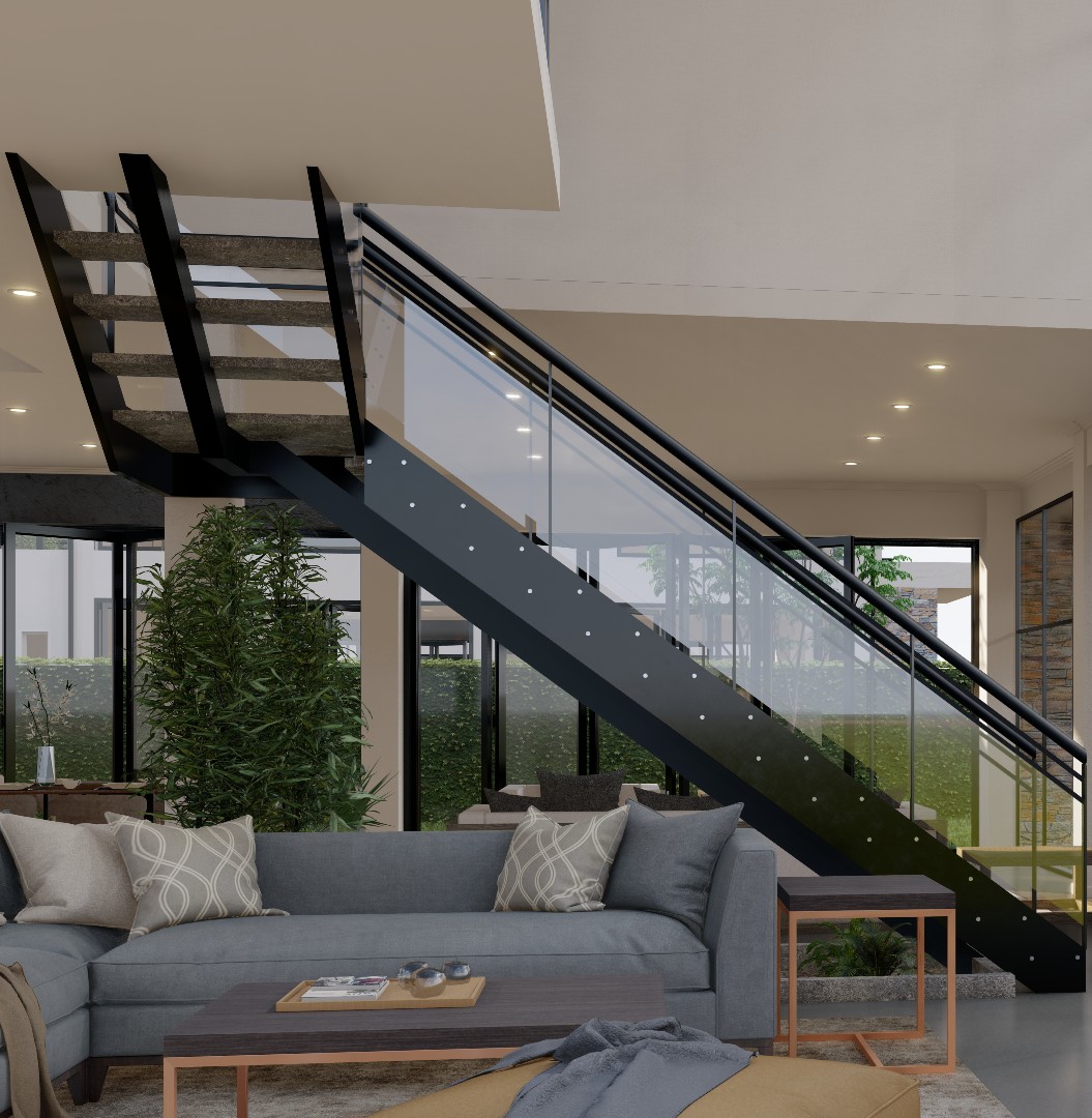 High-quality 3D rendering of a modern living room with a stylish staircase. The staircase features dark gray metal steps with open risers and glass side panels, supported by a black metal frame. The living area includes a gray upholstered sectional sofa adorned with patterned pillows, a small wooden coffee table, and a large indoor plant adding a touch of greenery. Floor-to-ceiling windows fill the space with natural light, offering views of an outdoor garden.