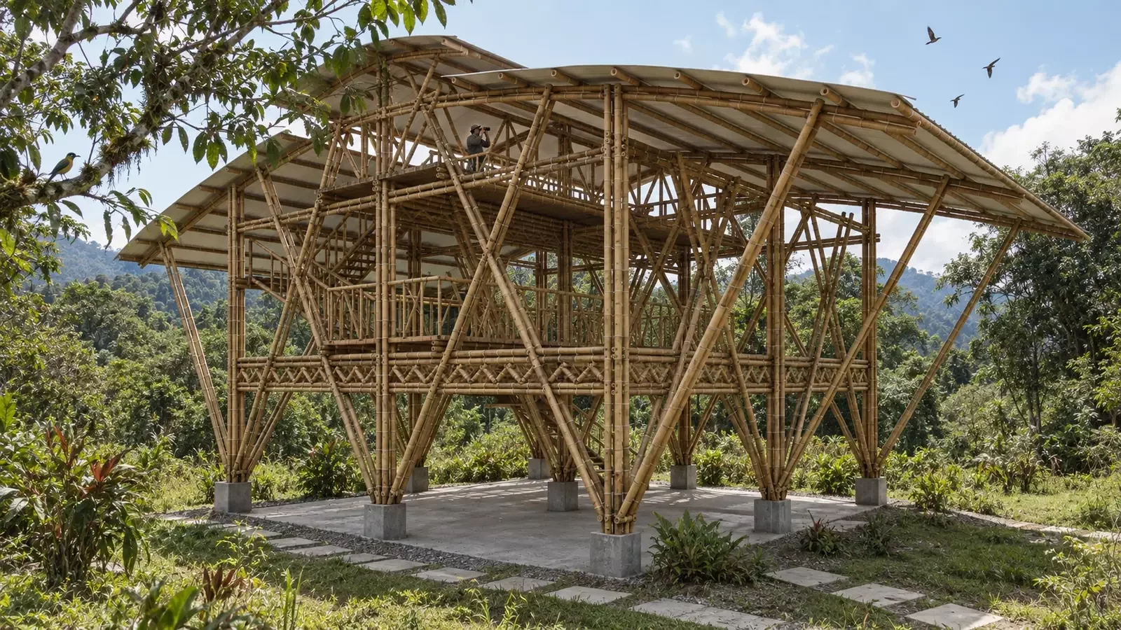 El Cedral birdwatching center institutional exterior architectural visualization with guadua structure in Isnos Huila Colombia