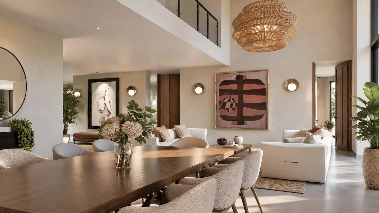 Render interior del comedor y sala de Hacienda Carmelita en Pereira, Risaralda, Colombia