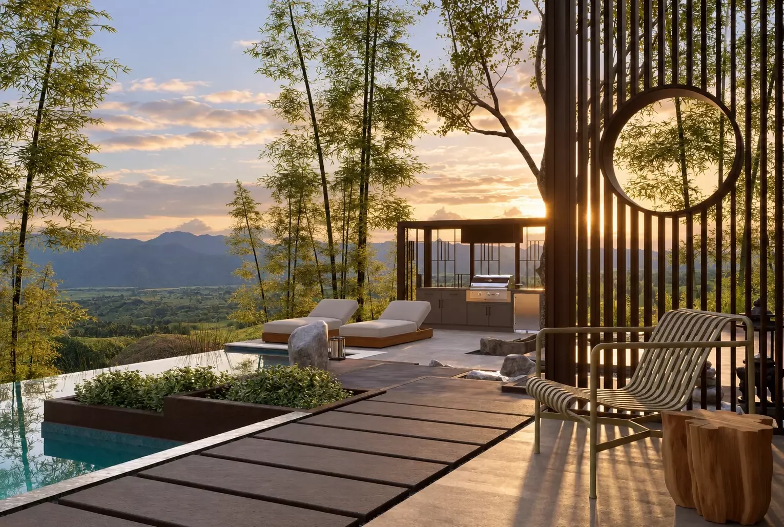 Terraza y piscina de Hacienda Carmelita al atardecer con paisaje de Pereira, Colombia