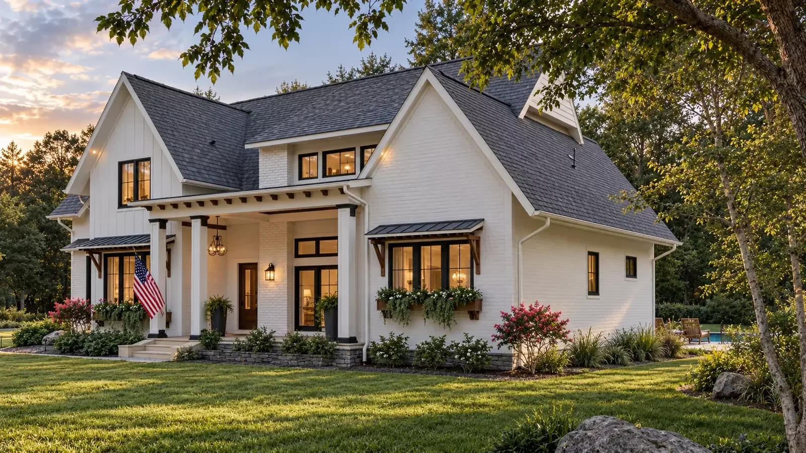 Photorealistic modern farmhouse exterior architectural visualization in Franklin Lakes Bergen County New Jersey
