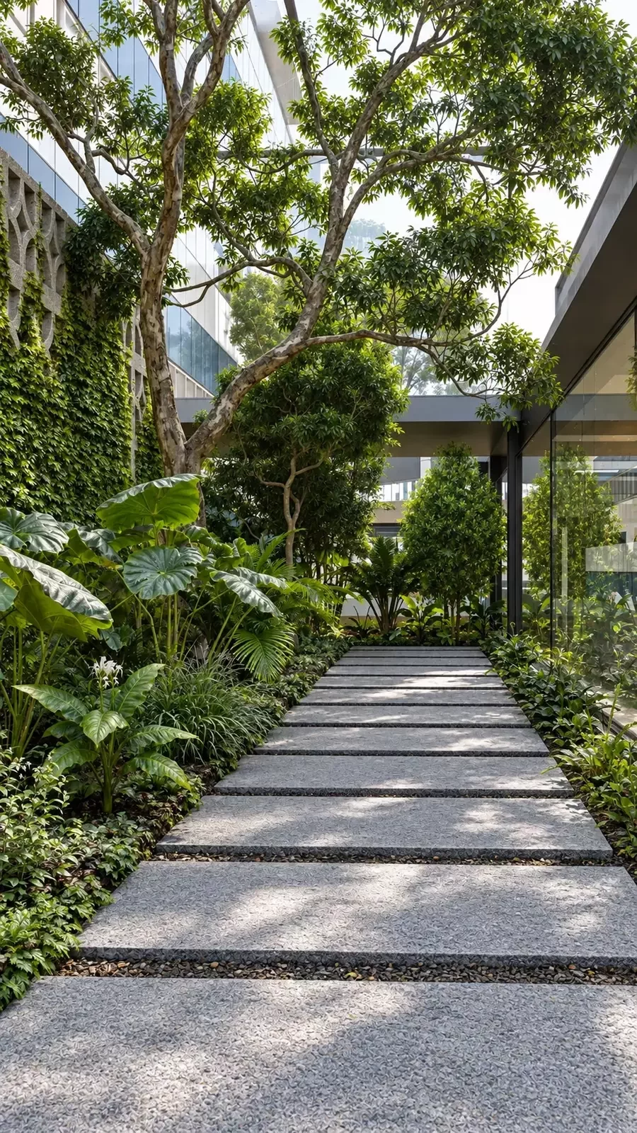 Photorealistic exterior 3D rendering of a landscaped residential walkway and architectural entry sequence