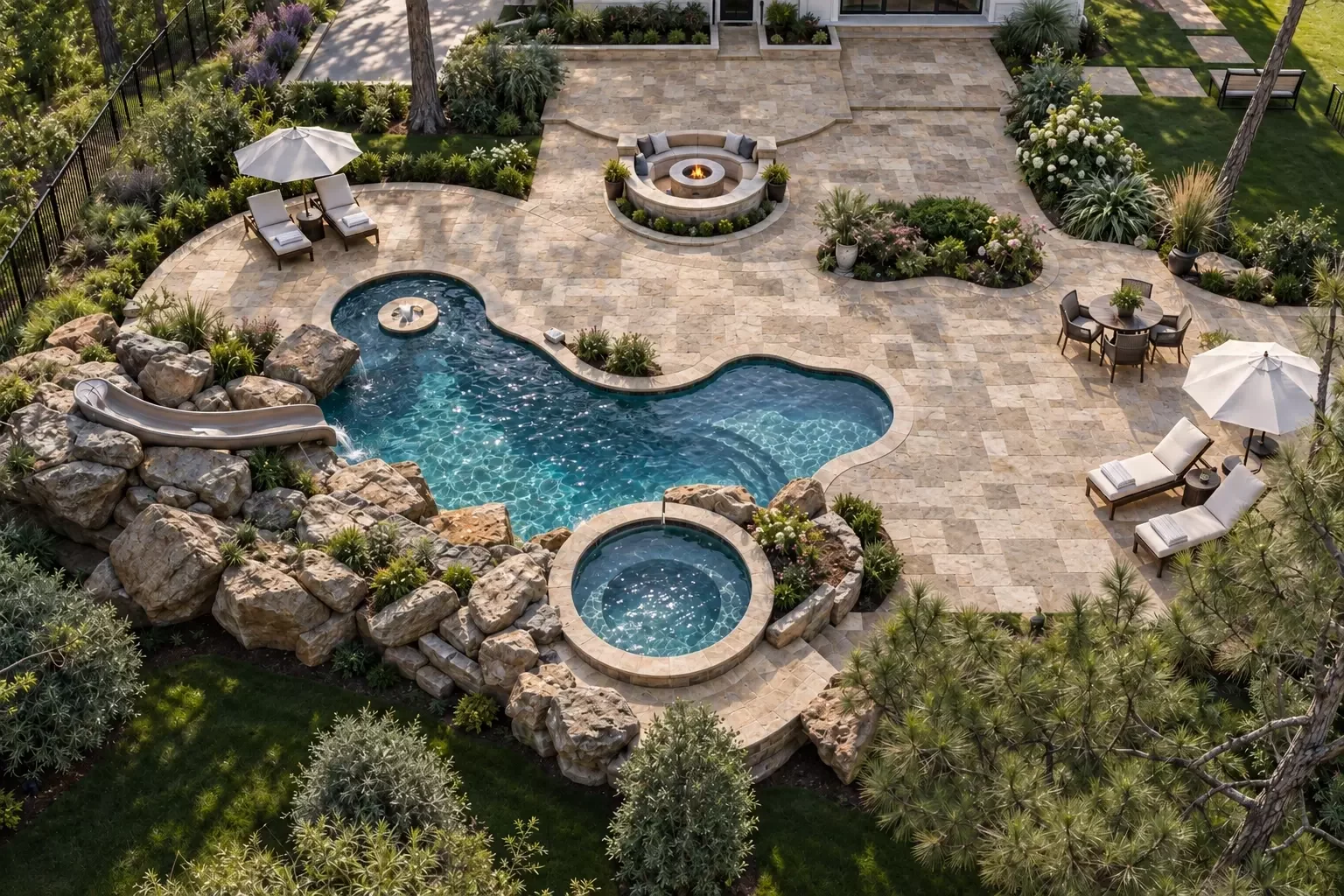 Aerial visualization of a custom backyard pool spa and landscape design in Short Hills New Jersey