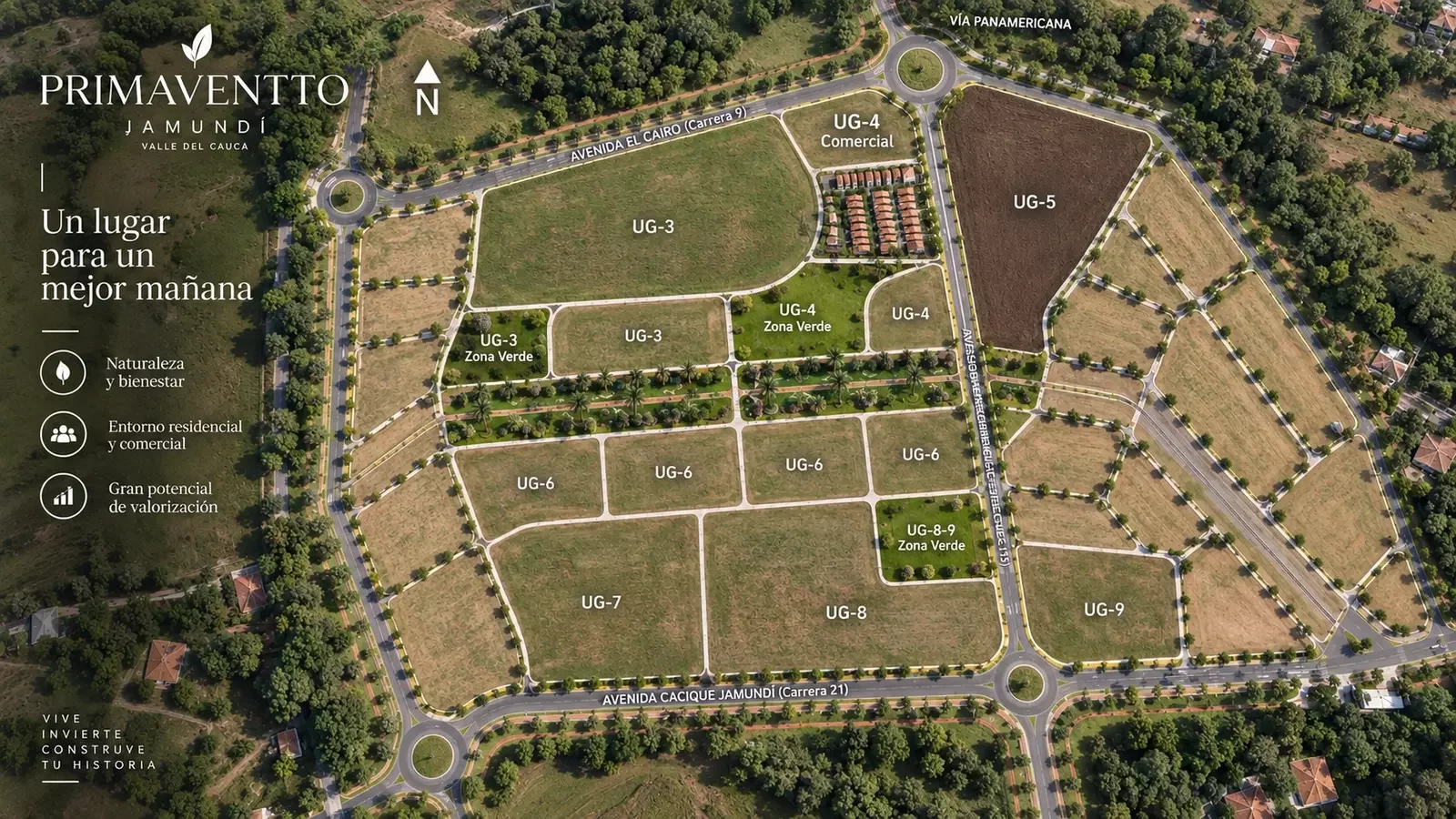 Master plan aéreo fotorrealista de Primaventto Jamundí con sectores residenciales y comerciales, vías principales y zonas verdes