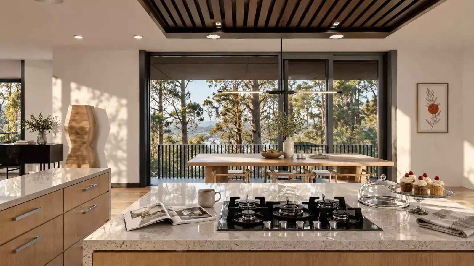 Royal luxury residential kitchen and dining interior visualization with floor-to-ceiling glazing in Portland Oregon