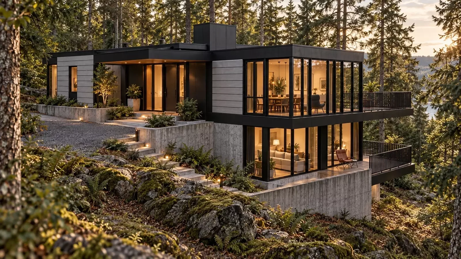 Royal luxury residential exterior architectural visualization integrated with wooded landscape and expansive glazing in Portland Oregon