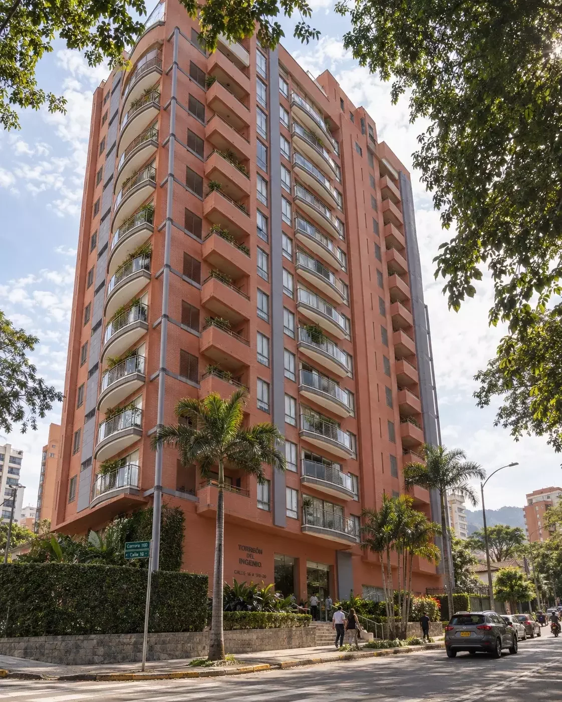 Photorealistic residential tower exterior 3D rendering showing facade design and architectural massing