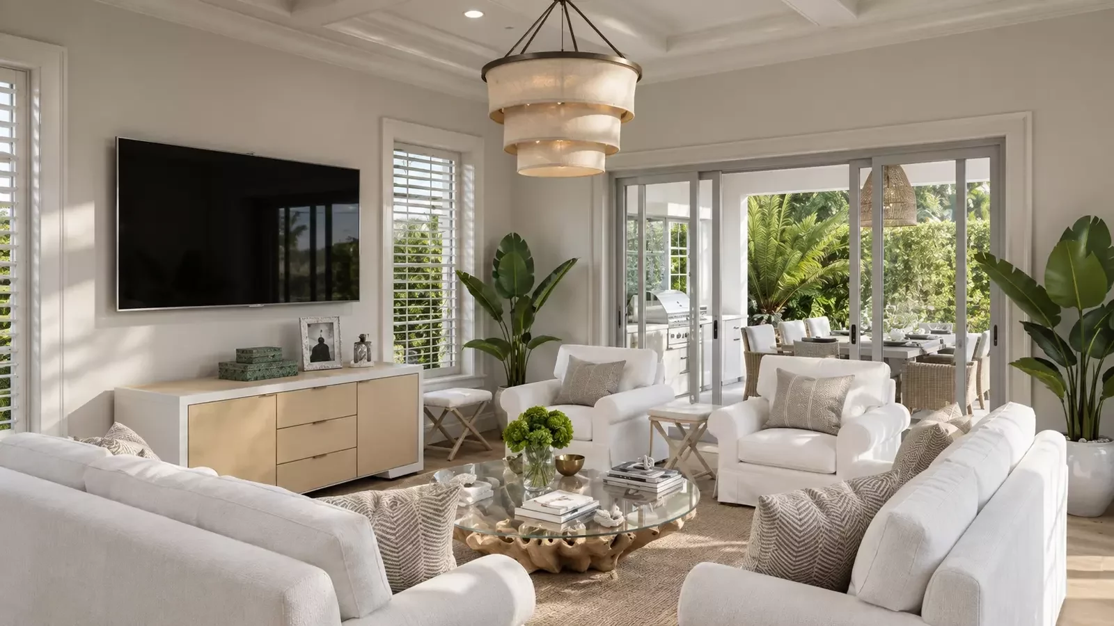 Photorealistic luxury family room 3D interior rendering for residential design presentation in Naples, Florida