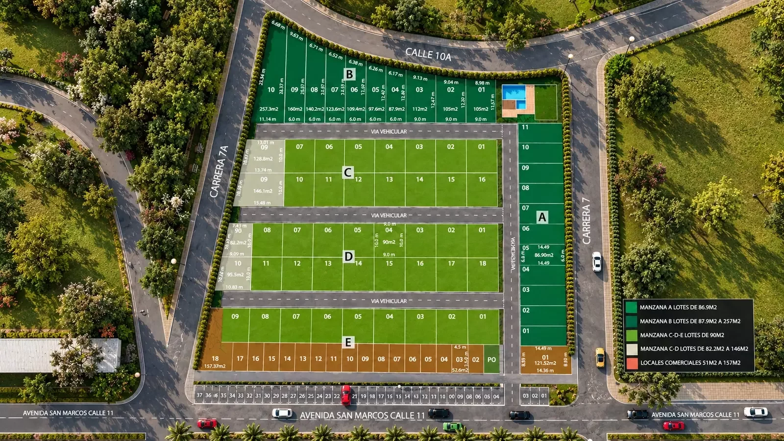 3D site plan y plan maestro de lotes de Primaventto en Jamundí, Valle del Cauca, con vías internas, zonas verdes y distribución residencial