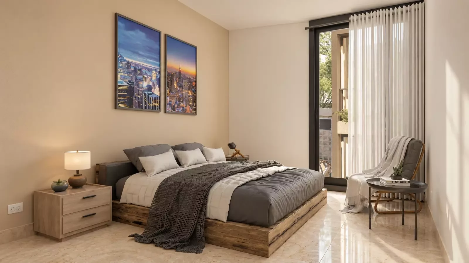 Render interior fotorrealista de dormitorio del proyecto Primaventto en Jamundí, Valle del Cauca