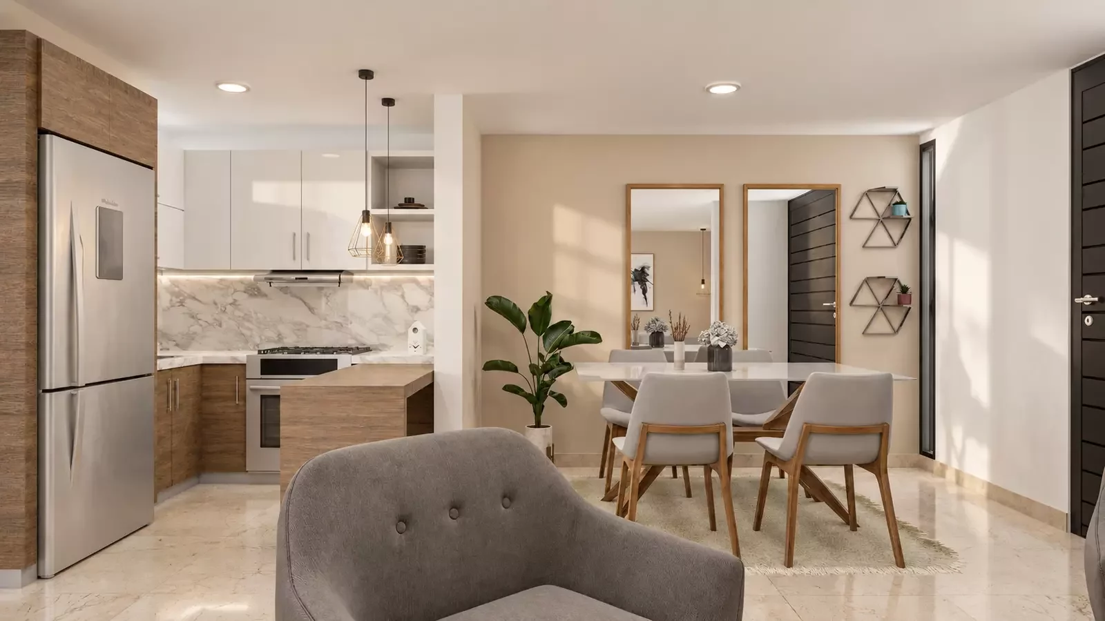 Render interior fotorrealista de cocina y comedor del proyecto Primaventto en Jamundí, Valle del Cauca