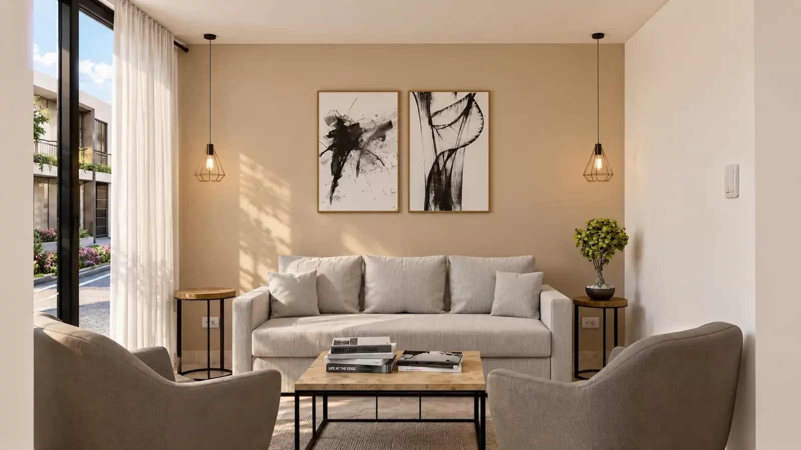 Render interior fotorrealista de sala de estar del proyecto Primaventto en Jamundí, Valle del Cauca