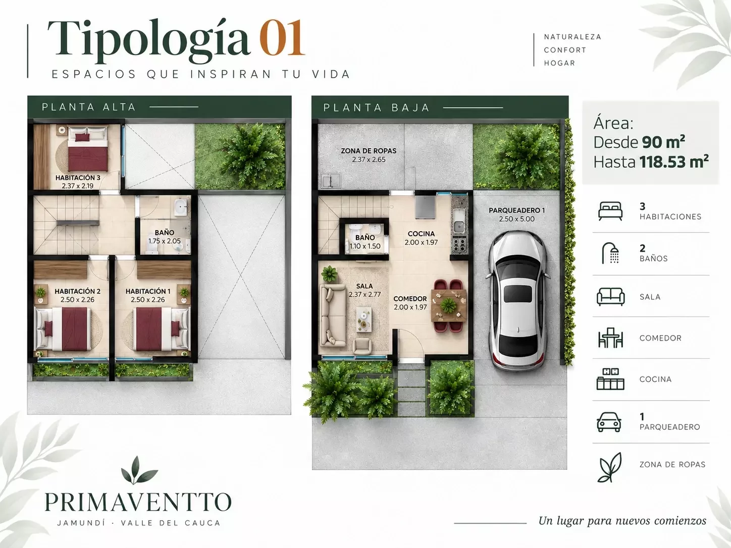 Planta baja y planta alta de la Tipología 01 de Primaventto en Jamundí, Valle del Cauca