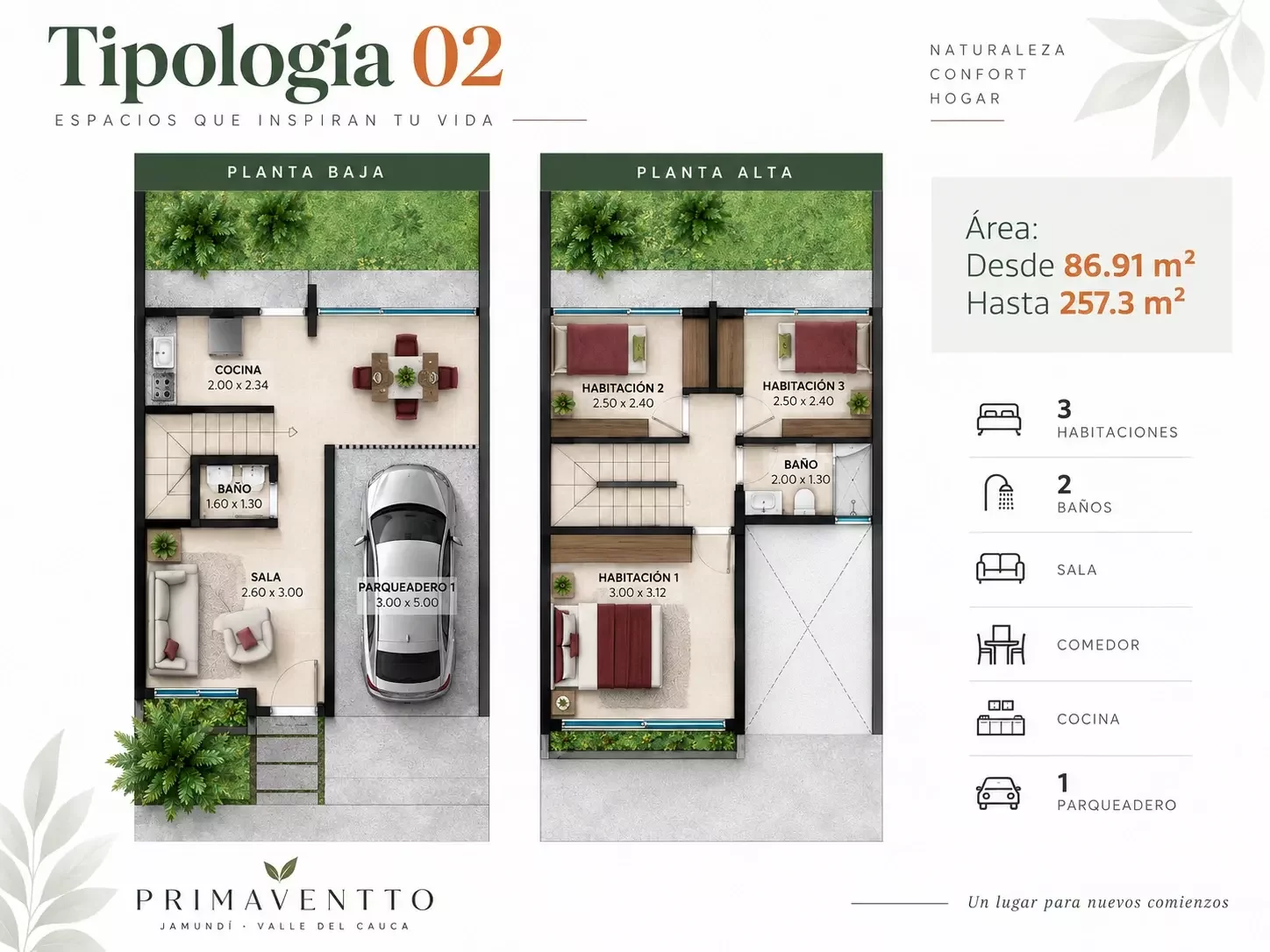 Planta baja y planta alta de la Tipología 02 de Primaventto en Jamundí, Valle del Cauca
