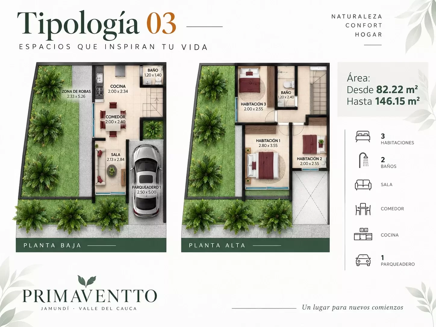 Planta baja y planta alta de la Tipología 03 de Primaventto en Jamundí, Valle del Cauca
