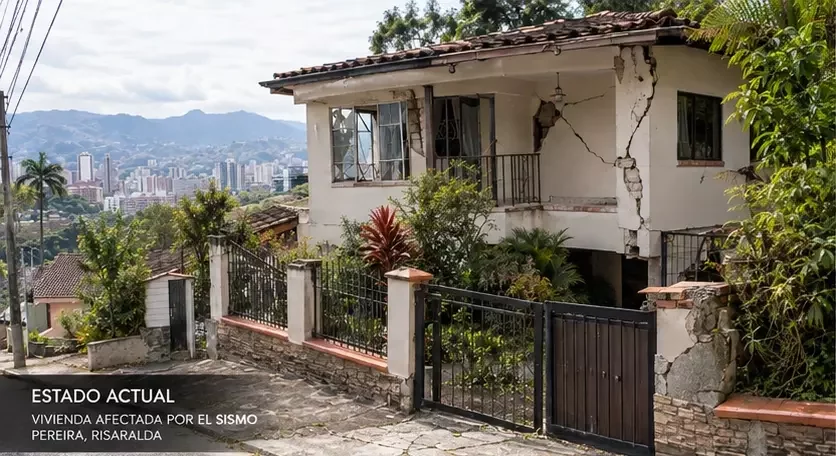 Vivienda afectada en Pereira antes de un proceso de reconstrucción arquitectónica